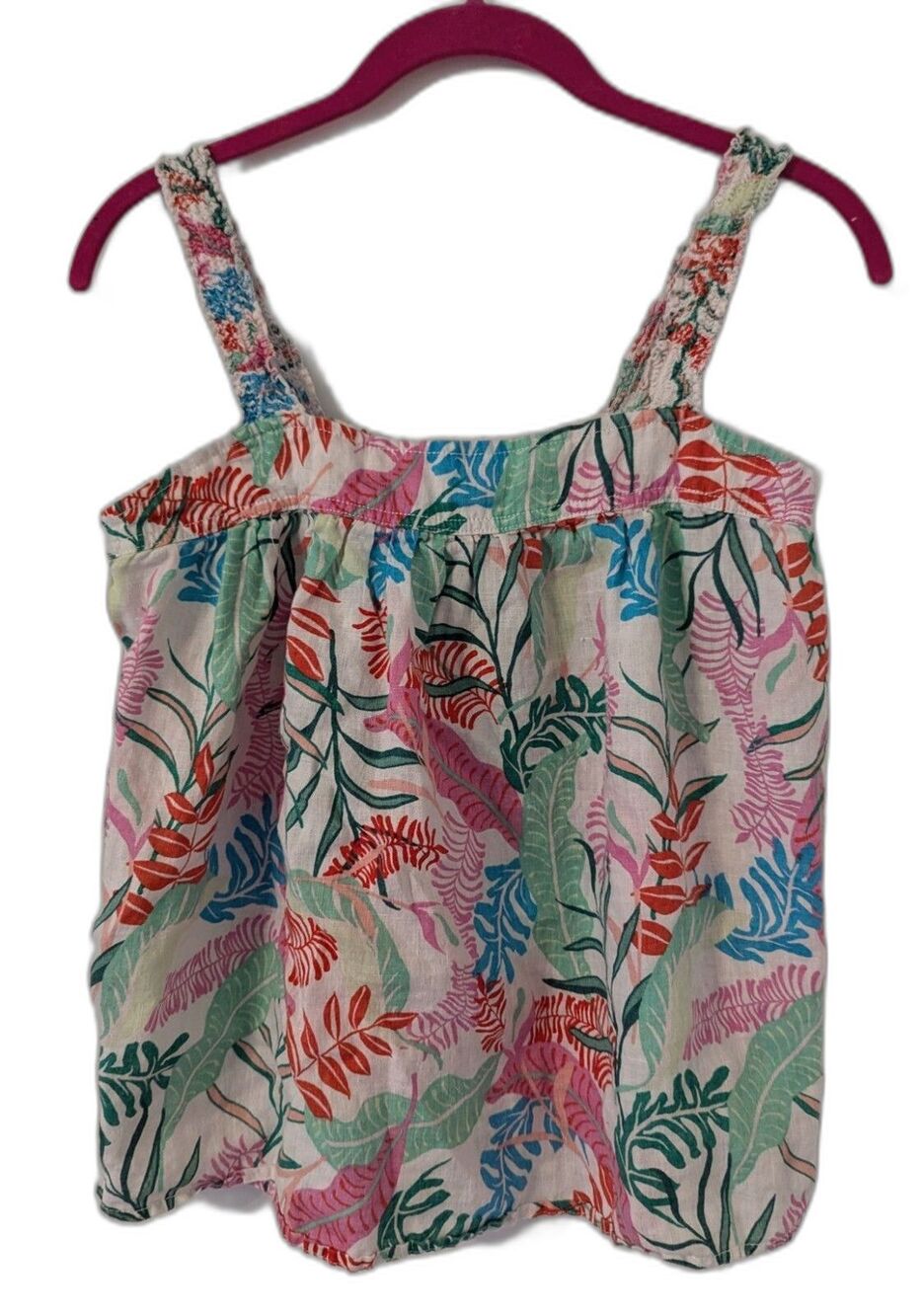 Cynthia Rowley Tropical Top Smocked Straps Oversized XS 100% Linen Button Back